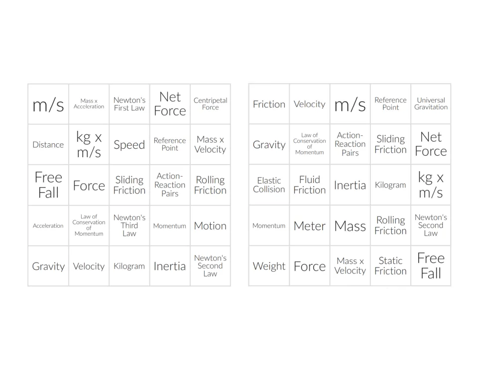 Two bingo cards with terms like m/s, Centripetal Force and Elastic Collision for marking called definitions