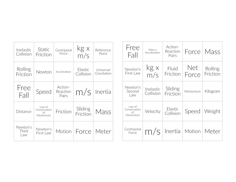 Two bingo cards with vocabulary like Inelastic Collision, Static Friction and Newton to mark as terms are called