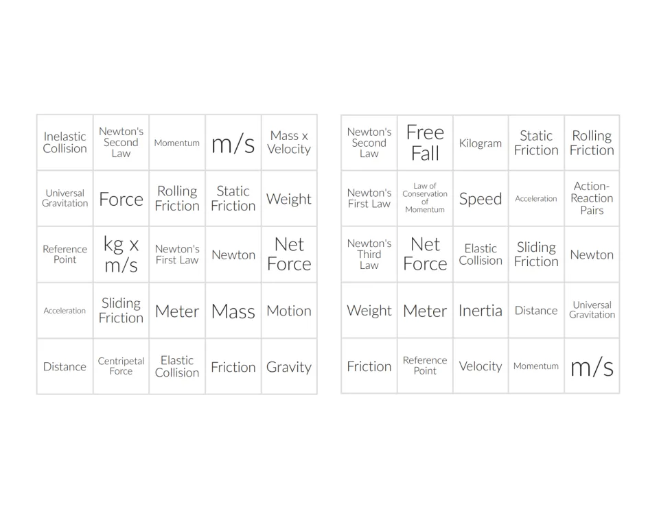 Two bingo cards listing terms like Kilogram, Reference Point and Universal Gravitation for matching definitions