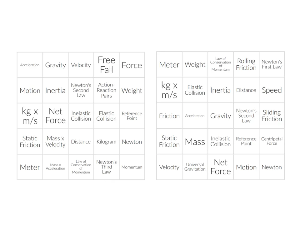 Two bingo cards with terms like Acceleration, Gravity, Net Force and Meter that students mark during play