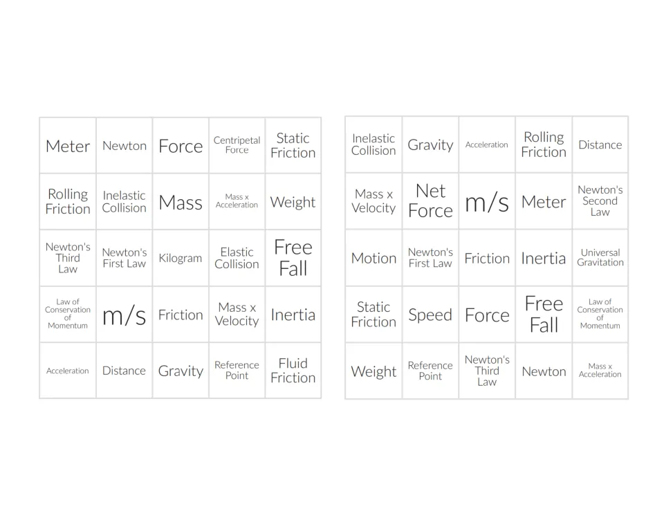 Two bingo cards of motion terms like Fluid Friction, Centripetal Force and Weight for students to mark