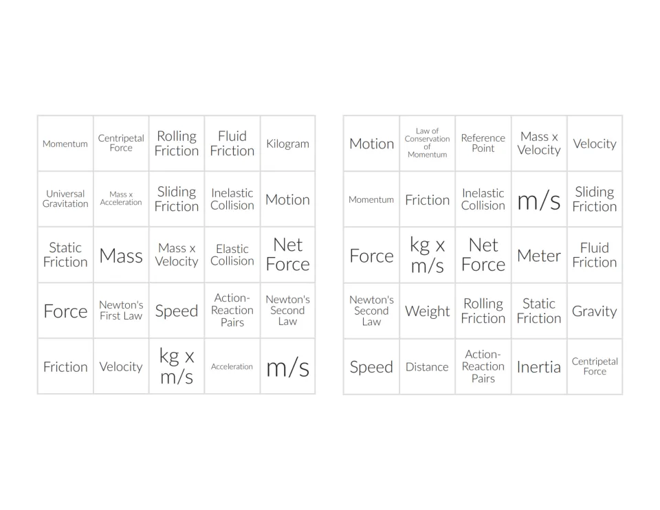 Two bingo cards with terms like Momentum, Kilogram, Rolling Friction and Speed for marking called definitions