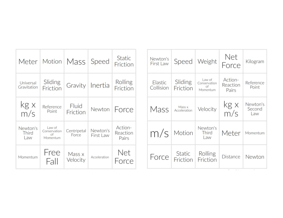 Final two bingo cards, with terms such as Elastic Collision, Fluid Friction and Newton for students to mark