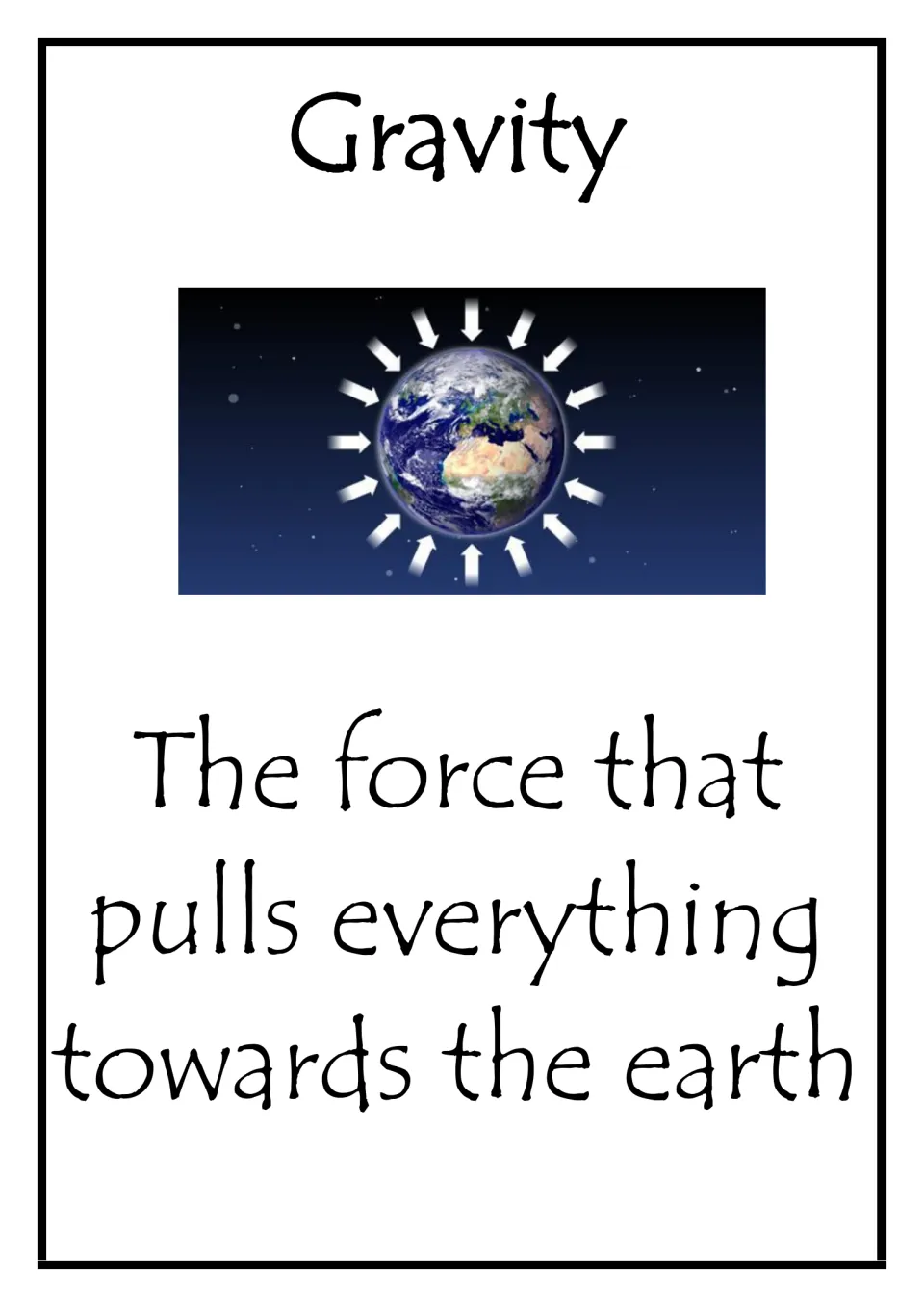 Gravity vocabulary card: the force that pulls everything towards the earth, shown by arrows pointing in at Earth from space