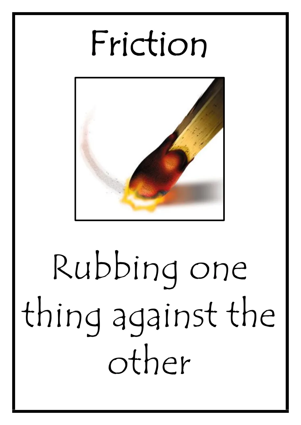 Friction vocabulary card: defined as rubbing one thing against the other, pictured with a match head striking and igniting