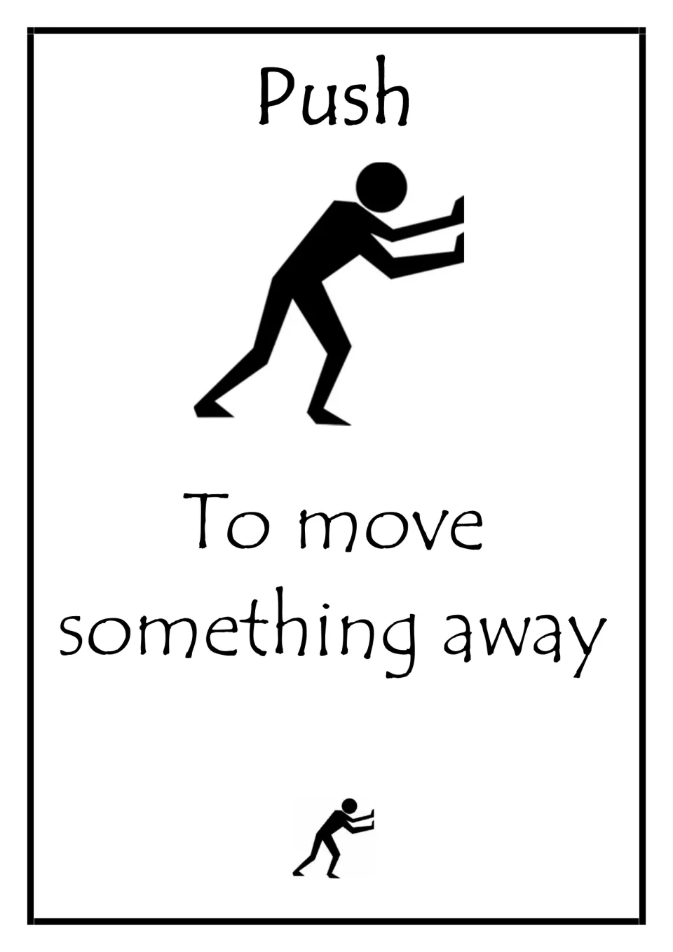 Push vocabulary card: to move something away, illustrated by a stick figure leaning forward and pushing with both hands