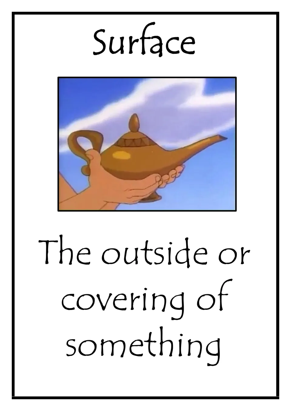 Surface vocabulary card: the outside or covering of something, pictured with hands holding an oil lamp against the sky