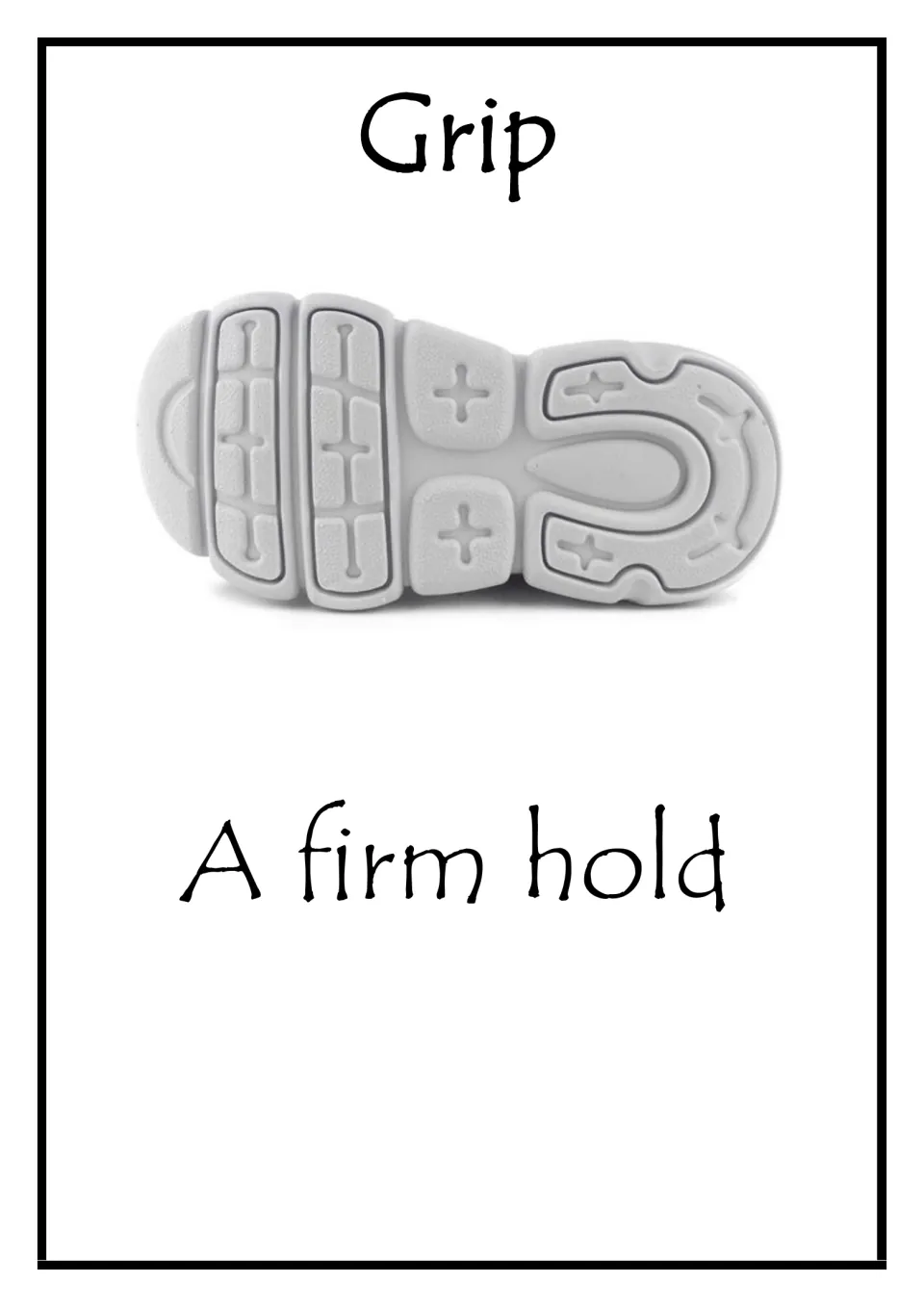 Grip vocabulary card: defined as a firm hold, with a photo of a shoe sole showing its raised tread pattern