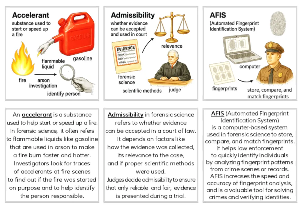 Forensics illustrated and text card pairs for Accelerant, Admissibility, and AFIS fingerprint identification
