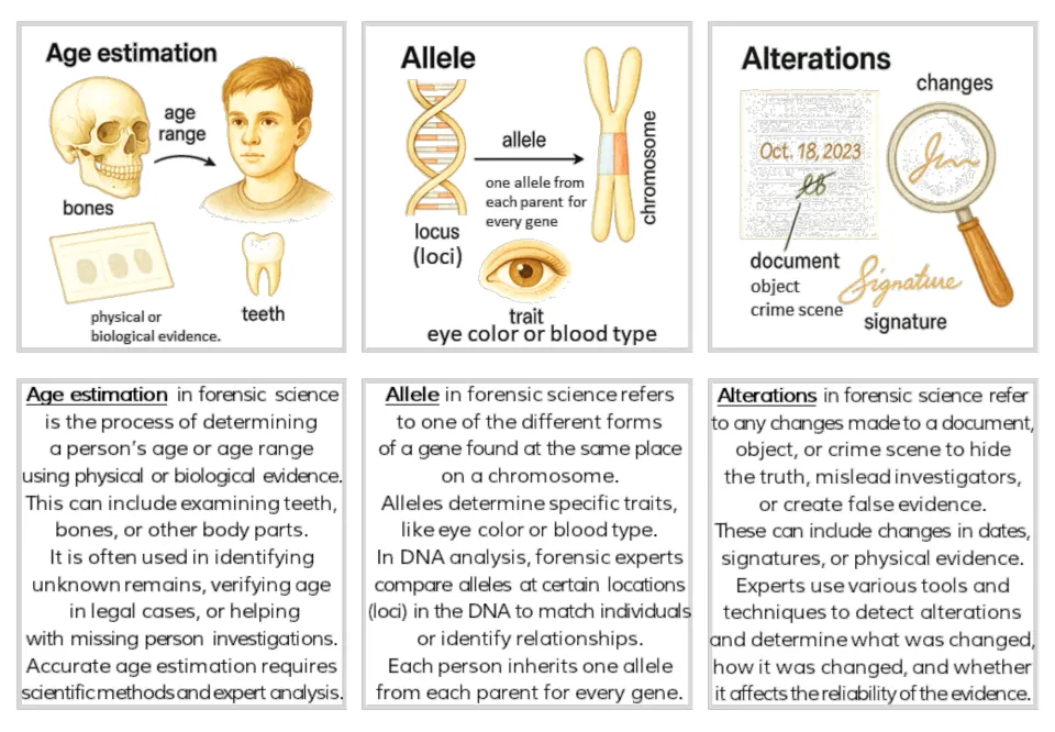 Forensics illustrated and text card pairs for Age estimation, Allele, and Alterations to documents or evidence