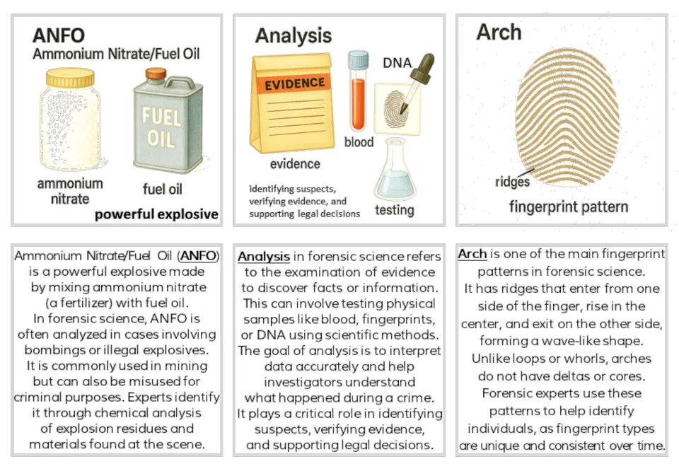 Forensics illustrated and text card pairs for ANFO, Analysis of evidence, and Arch fingerprint patterns