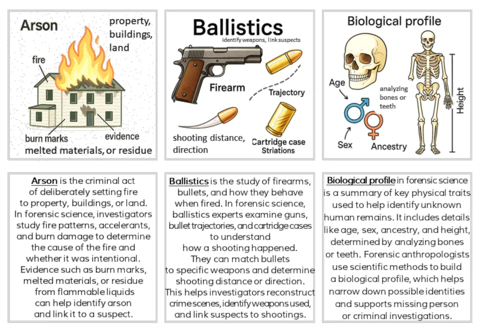 Forensics illustrated and text card pairs for Arson, Ballistics, and Biological profile from bones or teeth