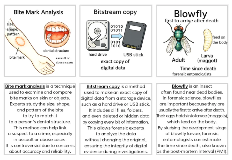 Forensics illustrated and text card pairs for Bite Mark Analysis, Bitstream copy, and Blowfly development