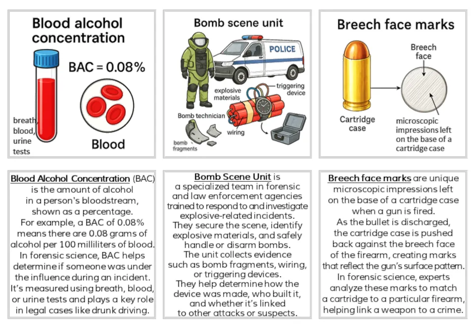 Forensics illustrated and text card pairs for Blood alcohol concentration, Bomb scene unit, and Breech face marks