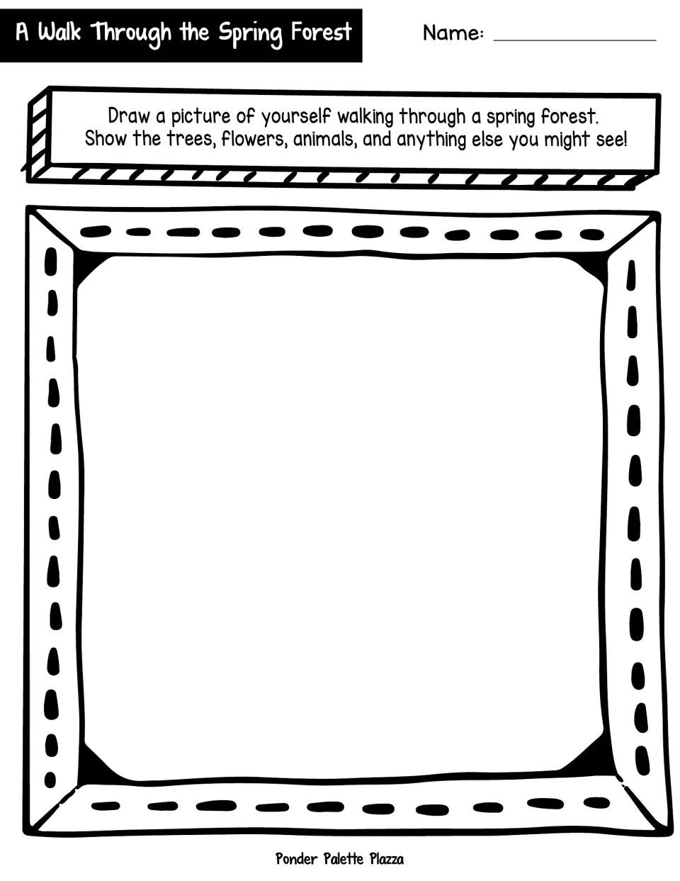 Spring forest drawing activity asking students to draw themselves among trees, flowers, and animals.