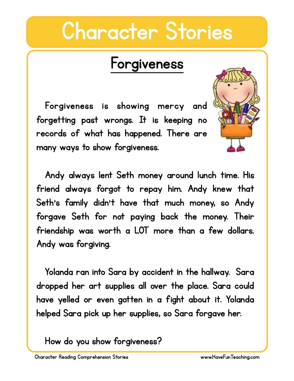 Reading passage on forgiveness: Andy forgives Seth's unpaid lunch money, and Sara forgives Yolanda.
