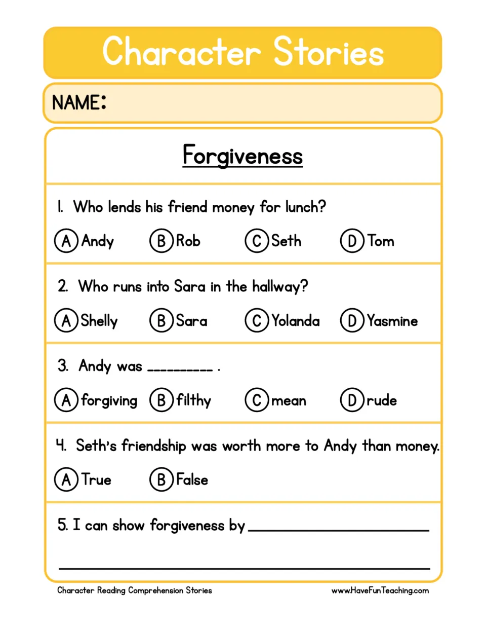 Comprehension questions about Andy, Seth, Sara, and Yolanda, plus a personal example of forgiveness.
