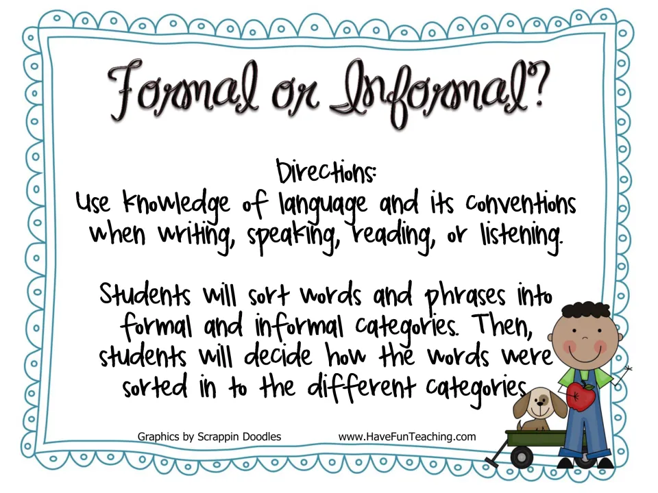 Formal or Informal? directions: students sort words and phrases into formal and informal groups, then explain the sorting