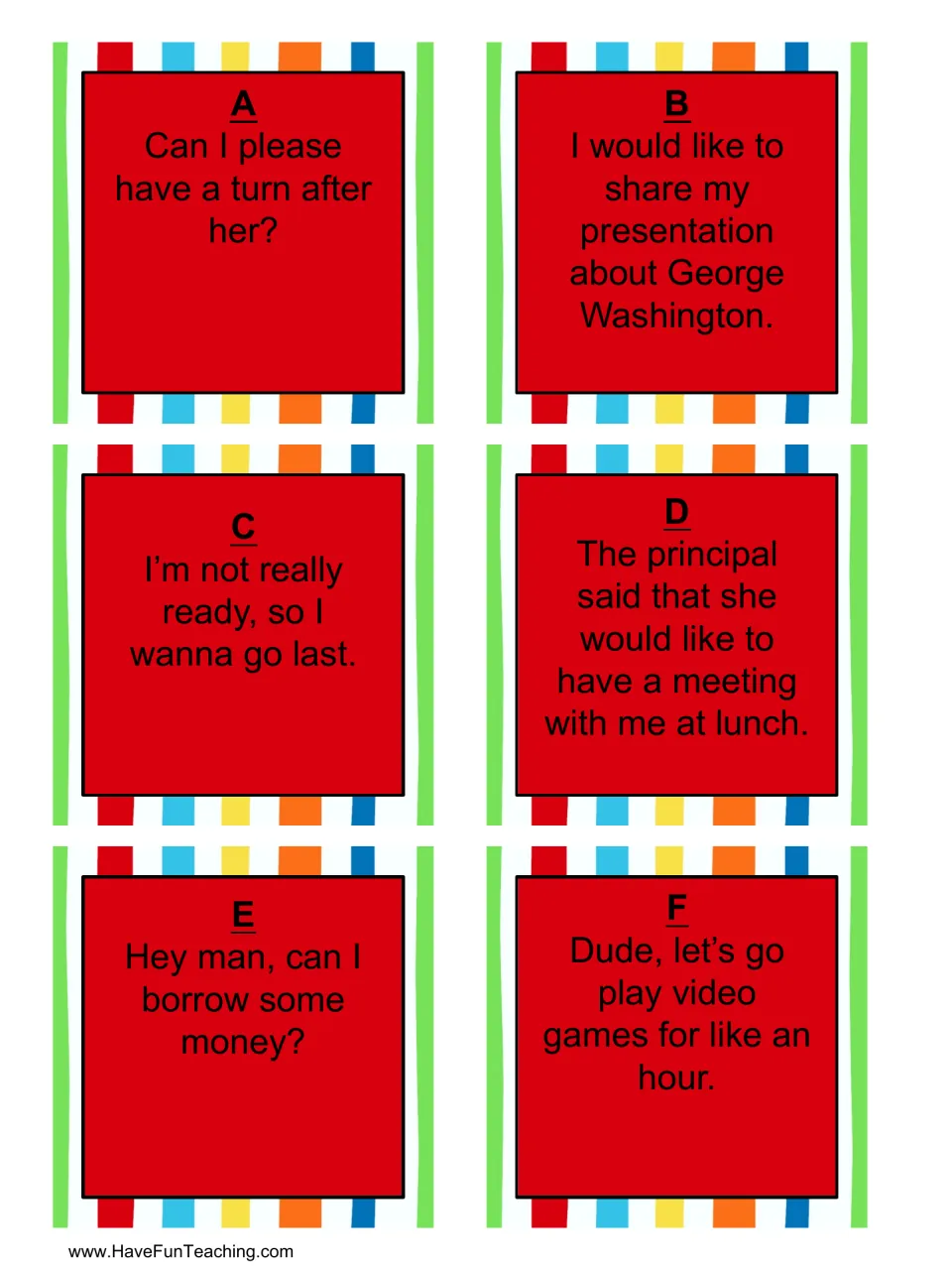 Formal vs informal sentence cards A to F, such as 'Hey man, can I borrow some money?' for students to cut and sort