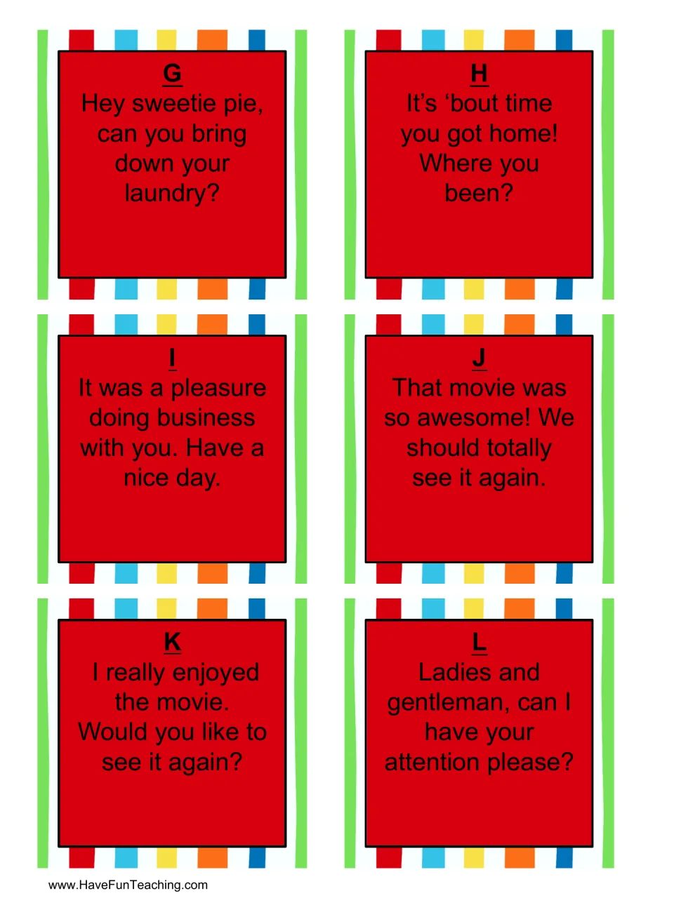 Formal vs informal sentence cards G to L, such as 'It was a pleasure doing business with you' for students to sort