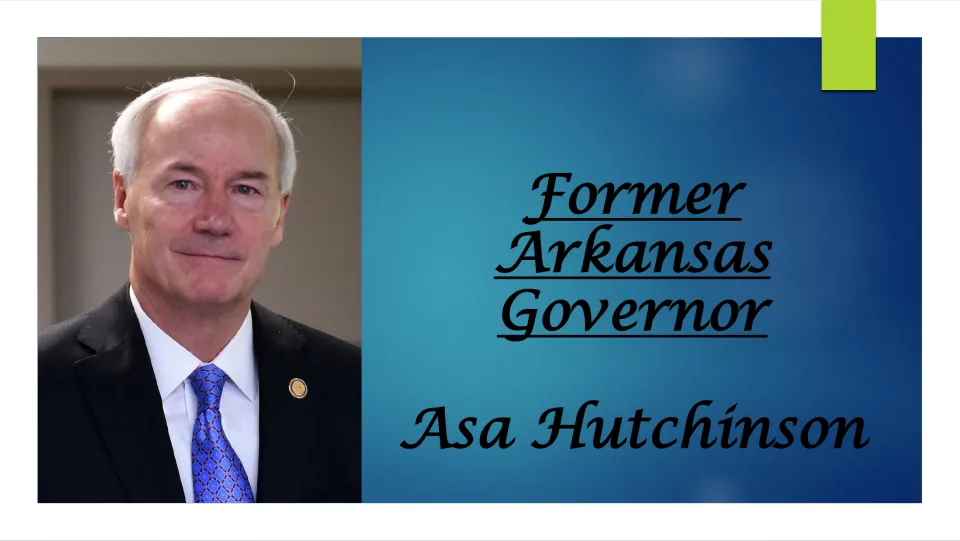 Biography presentation cover introducing Asa Hutchinson as former Arkansas governor, with his portrait