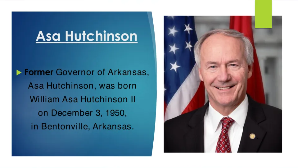 Biography slide giving William Asa Hutchinson II's birth date, December 3, 1950, and birthplace, Bentonville