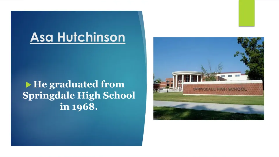 Biography slide stating Asa Hutchinson graduated from Springdale High School in 1968, with a school photo