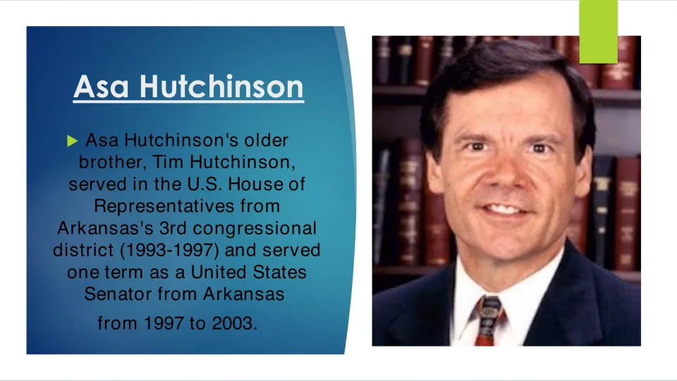Biography slide on Asa's older brother Tim Hutchinson: U.S. House service, 1993–1997, and Senate, 1997–2003