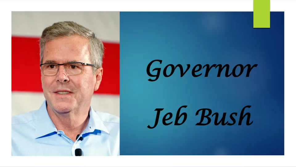 Biography presentation cover featuring the title 'Governor Jeb Bush' and a portrait of Jeb Bush