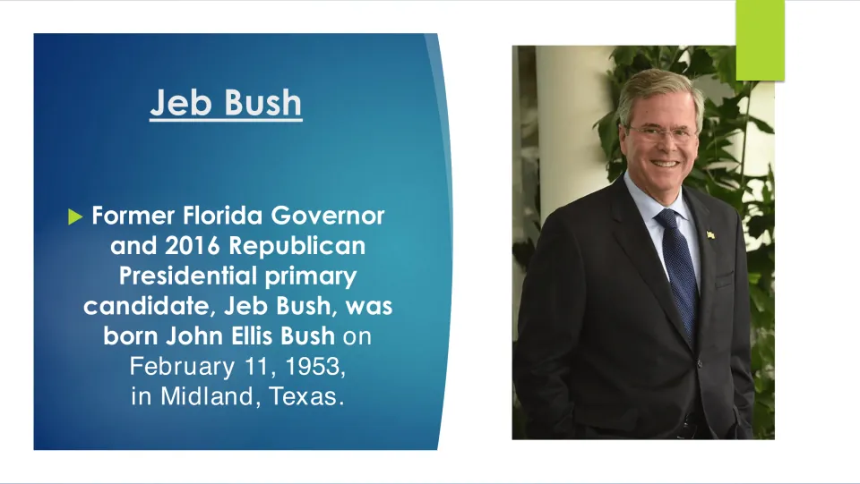 Biography slide introducing Jeb Bush as John Ellis Bush, born February 11, 1953, in Midland, Texas