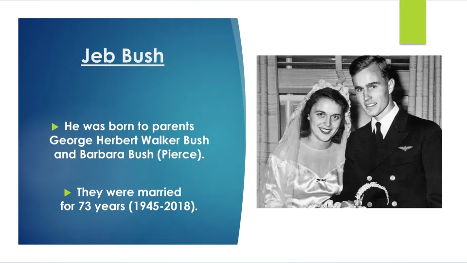 Family background slide naming Jeb Bush's parents, George and Barbara Bush, and their 73-year marriage