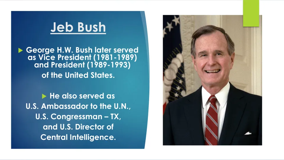 Family background slide listing George H.W. Bush's service as vice president, president, and other offices