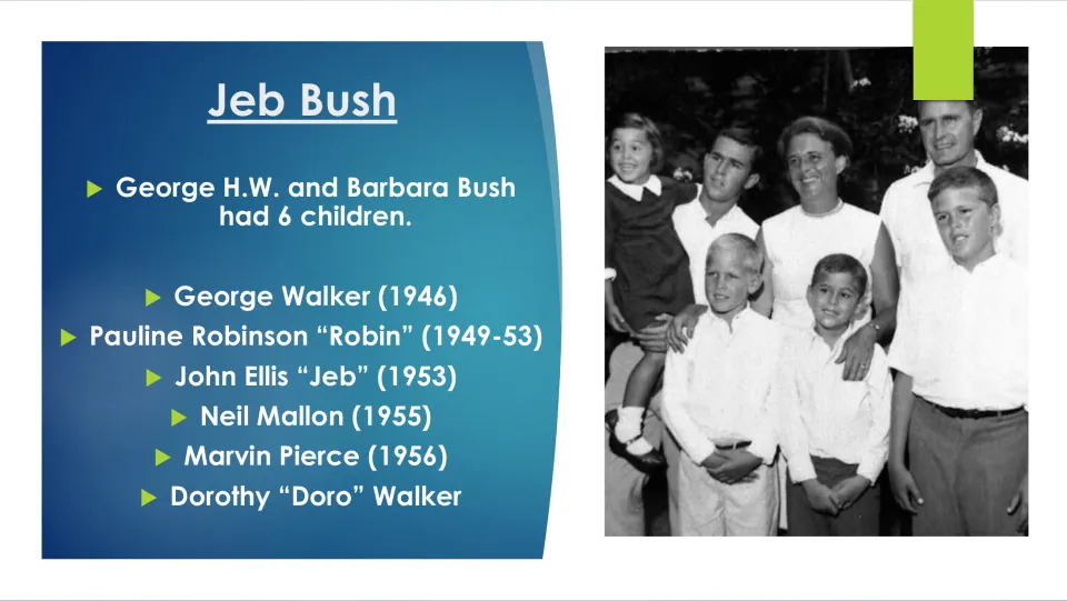 Family background slide listing the six Bush children: George, Robin, Jeb, Neil, Marvin, and Dorothy