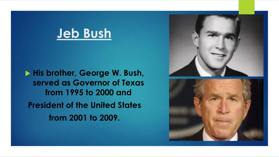 Family background slide on George W. Bush's terms as Texas governor, 1995–2000, and U.S. president, 2001–2009