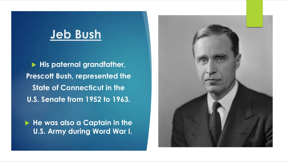 Family background slide on Prescott Bush's Connecticut Senate service, 1952–1963, and World War I Army role
