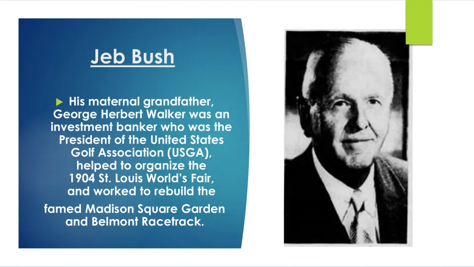 Family background slide describing George Herbert Walker's investment banking career and USGA presidency