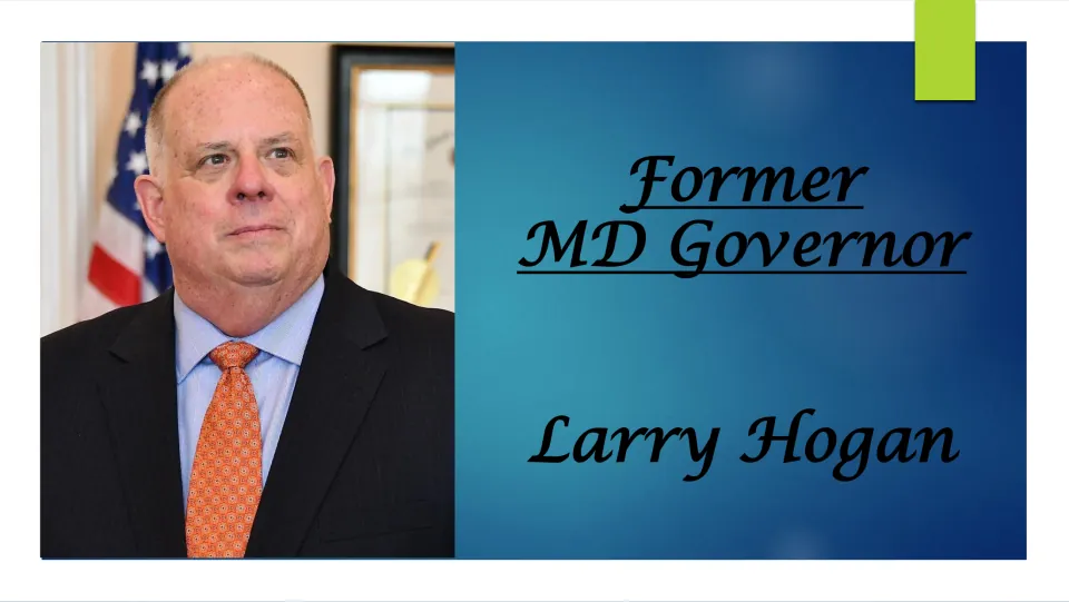 Biography presentation cover introducing Larry Hogan as a former Maryland governor, with his portrait