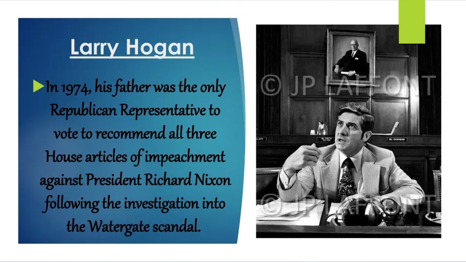 Family history slide on Hogan's father's 1974 vote to recommend all three Nixon impeachment articles
