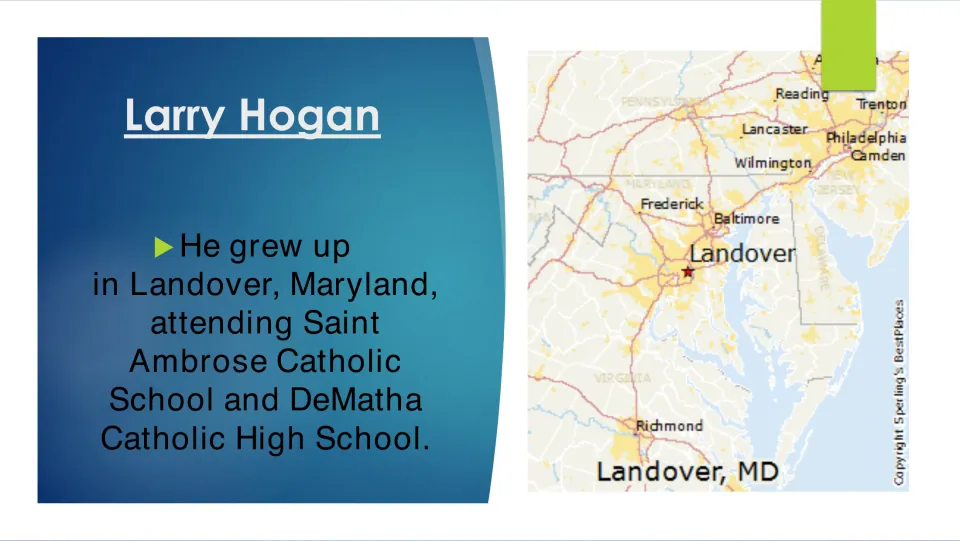 Childhood slide on Hogan's Landover upbringing and attendance at Saint Ambrose and DeMatha Catholic schools