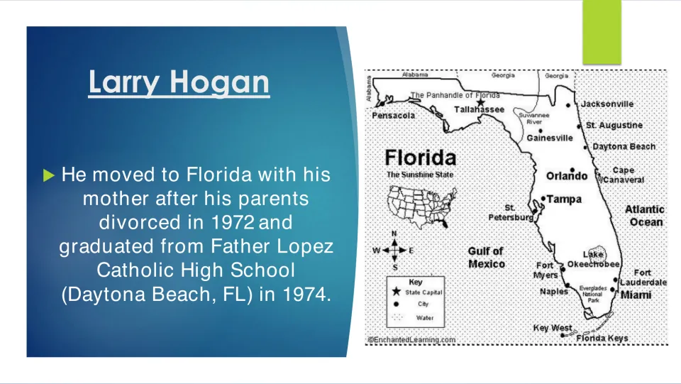 Biography slide on Hogan's move to Florida after his parents' 1972 divorce and his 1974 high school graduation