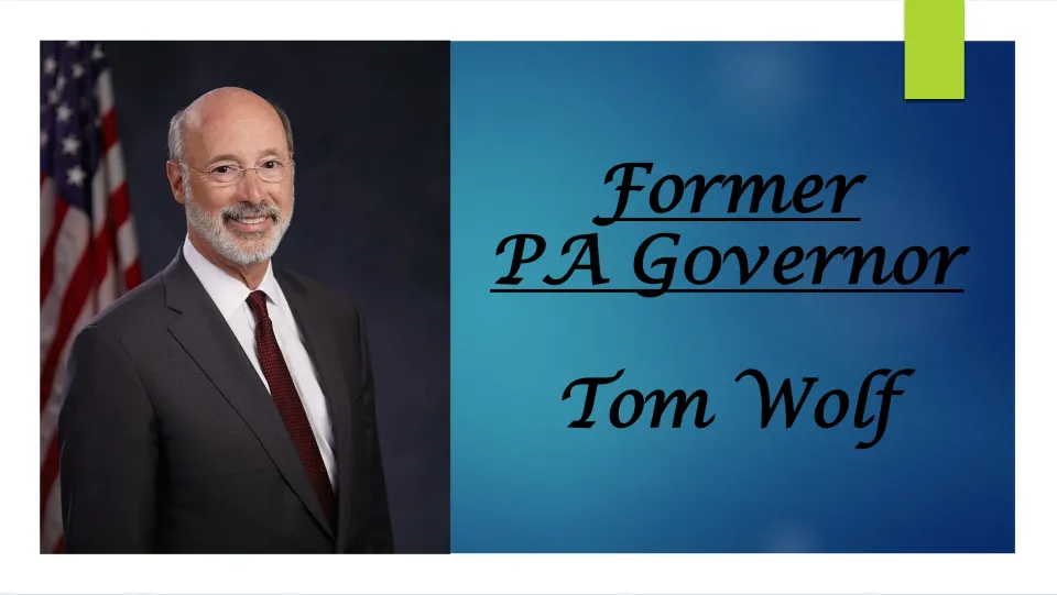 Biography presentation cover identifying Tom Wolf as a former Pennsylvania governor, alongside his portrait