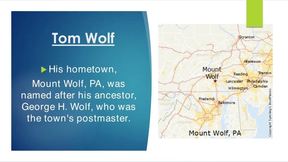 Biography slide explaining that Mount Wolf was named for Tom Wolf's ancestor George H. Wolf, a postmaster