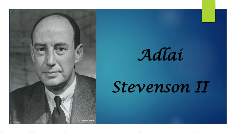 Biography presentation cover introducing Adlai Stevenson II with his name and a black-and-white portrait