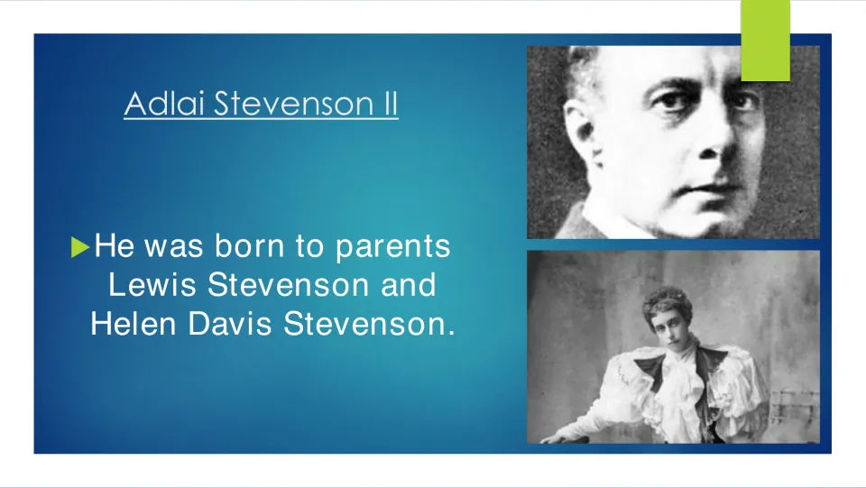 Family background slide naming Lewis Stevenson and Helen Davis Stevenson as his parents, with their portraits