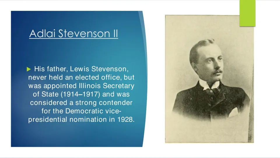 Family background slide describing Lewis Stevenson's appointment as Illinois Secretary of State in 1914–1917