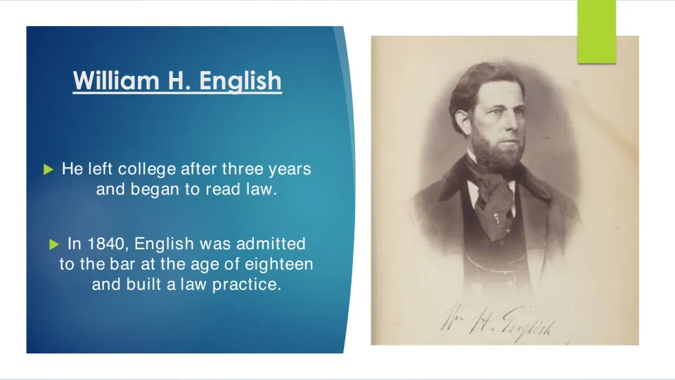 Legal training slide: English left college after three years and was admitted to the bar in 1840 at age 18