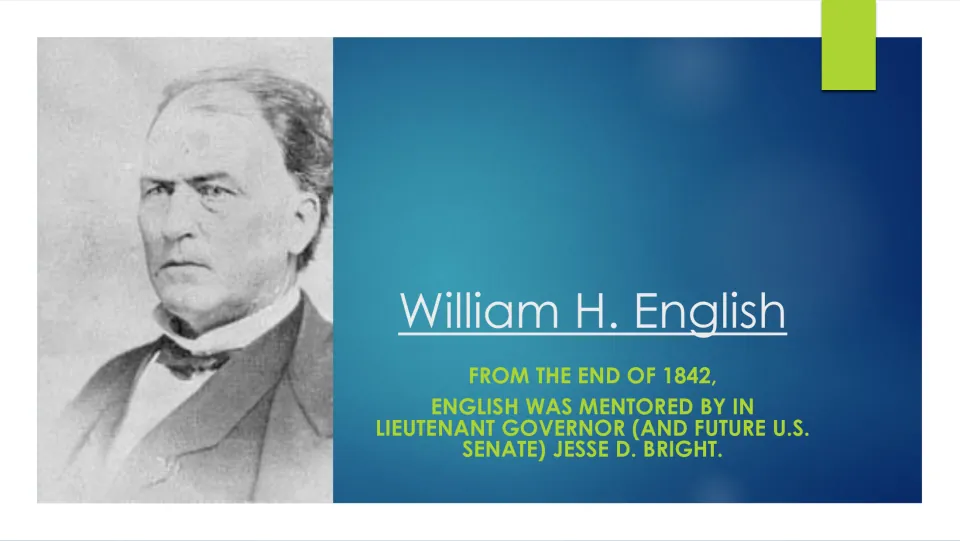Political mentorship slide identifying Lieutenant Governor Jesse D. Bright as English’s mentor from late 1842