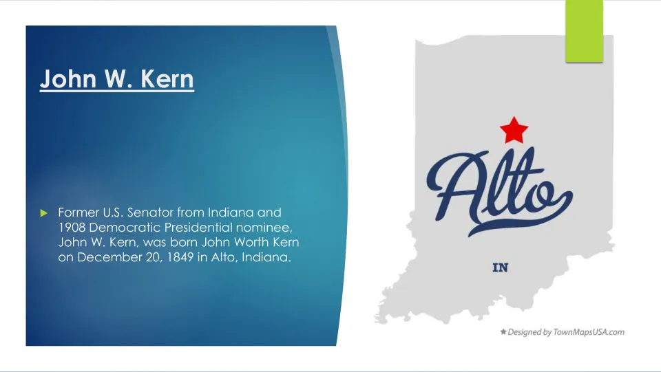 Biography slide identifying John Worth Kern’s birth on December 20, 1849, in Alto, Indiana, beside a map