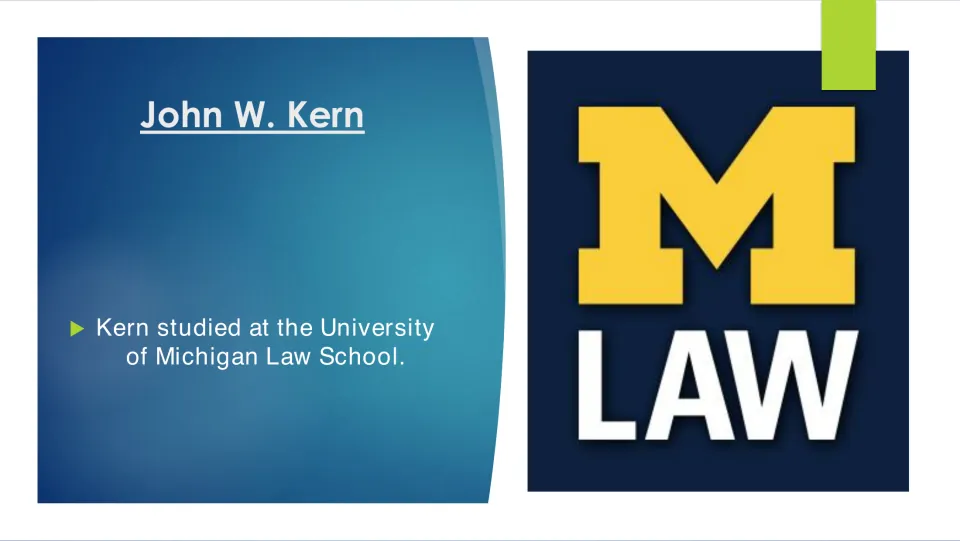 Legal education slide stating that Kern studied at the University of Michigan Law School, with its logo
