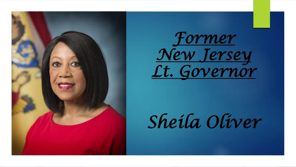 Biography presentation cover introducing Sheila Oliver as former New Jersey lieutenant governor, with her portrait